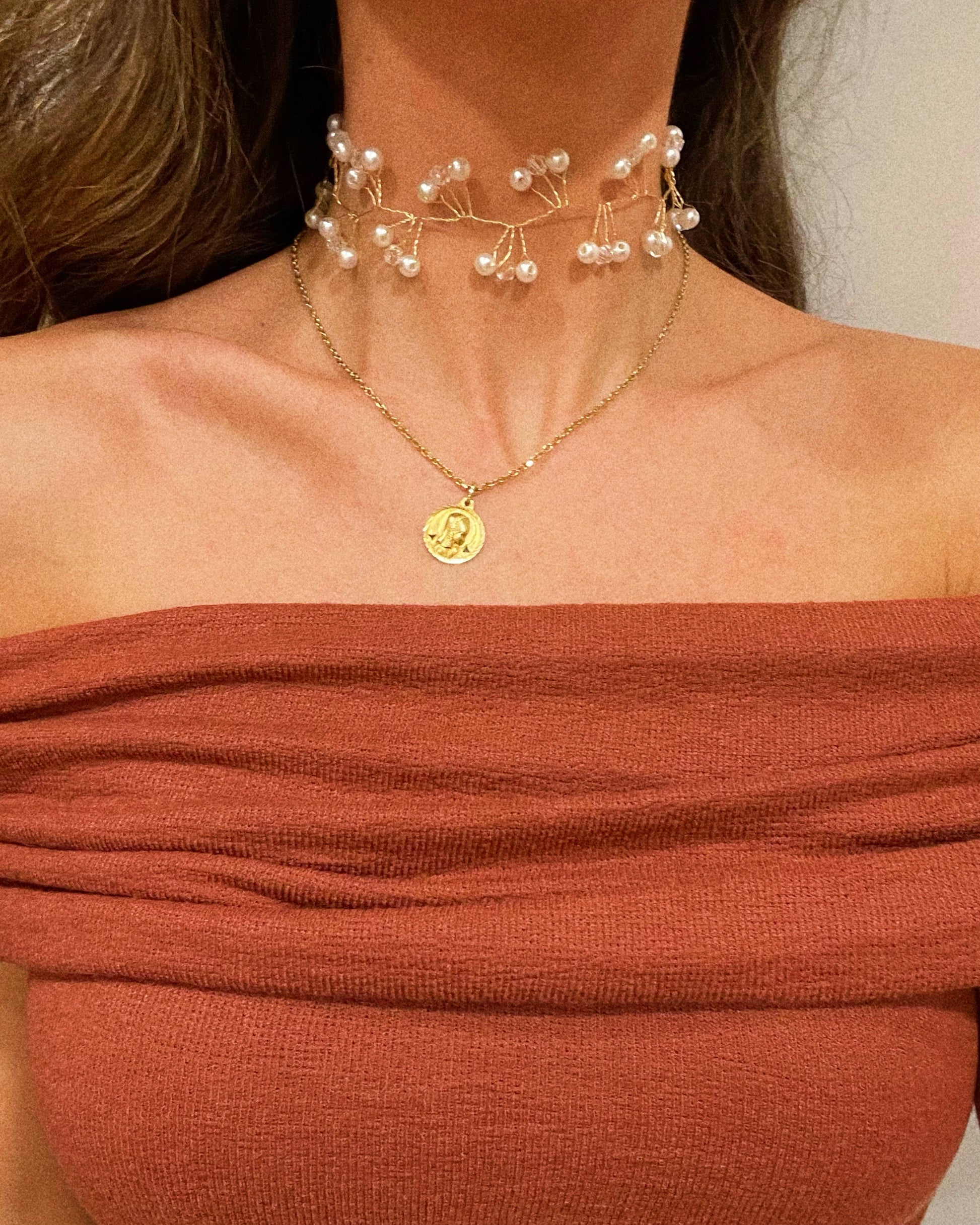 Choker alambre perlas acero inoxidable mujer elegante gargantilla fiesta